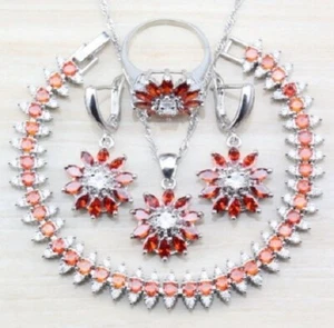 Bridal Jewelry Set Red A++ Crystal Womens Sterling Silver Pltd Earrings Bracelet - Picture 1 of 6