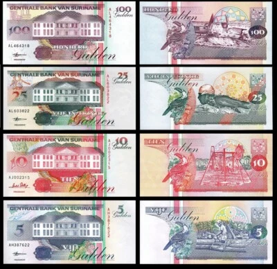 Surinam Suriname 4 Pcs SET, 5 10 25 100 Gulden 1996 1998, UNC P-136 137 138 139 - Image 1 of 4