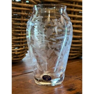 Glass Etched Vase Bohemia Czech Republic Leaf Design 6.5" Elegant Home Decor - Picture 1 of 5
