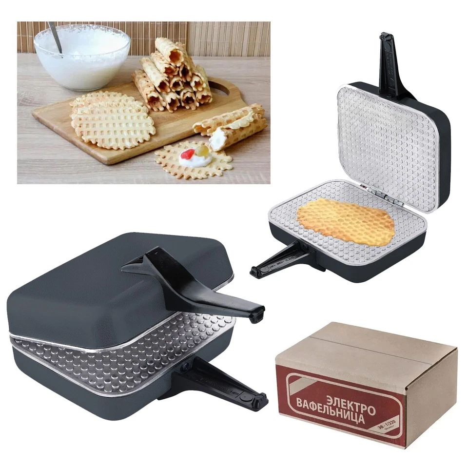 RUSSIAN USSR ELECTRIC SQUARE WAFFLE IRON MAKER EB-1/220 NEW + RECIPE GRAPHITE - Image 1 of 3