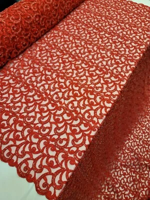 Роскошная кружевная ткань с красным бисером для вышивки в ярдах с геометрическим узором - Изображение 1 из 4