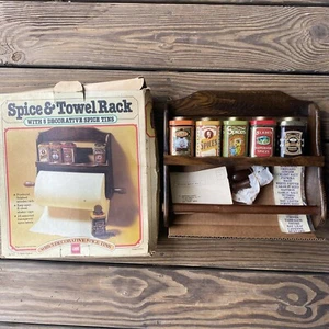 Vintage New In The Box Wood Spice And Towel Rack -5 Decorative Spice Tins- CASE - Picture 1 of 13
