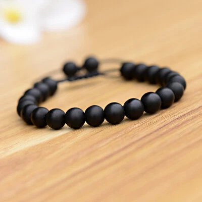 Brazalete Natural 8MM Negro Mate Piedra Trenzado Cuentas Hombres Joyería Regalo Foto 1 de 4