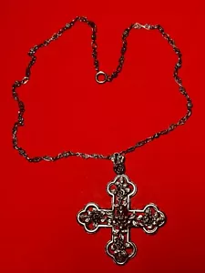 COLLANA PENDENTE CROCE ORNATA ARGENTO 800 PERUZZI VINTAGE CON PUTTI CHERUBINO E ROSE - Foto 1 di 10