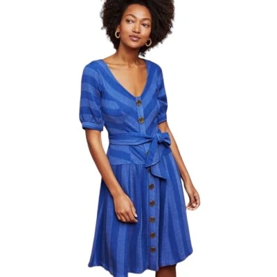 Maeve Anthropologie Blue Stripe Dress 6P Petite NWT Belted Button Front V-Neck - Image 1 of 4