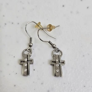 Kreuz Strass Ohrringe Hänger silberfarben religiös Tropfen - Bild 1 von 7