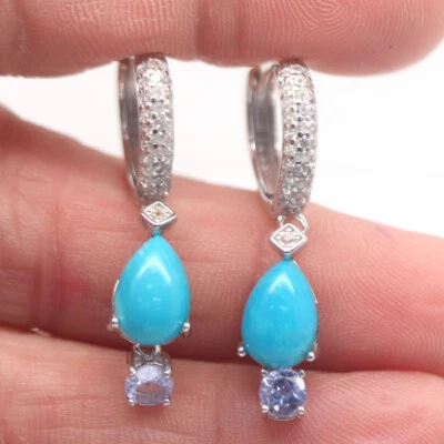 Pendientes de plata 925 con piedras preciosas azules turquesa, tanzanita y circón sin calentar Foto 1 de 4