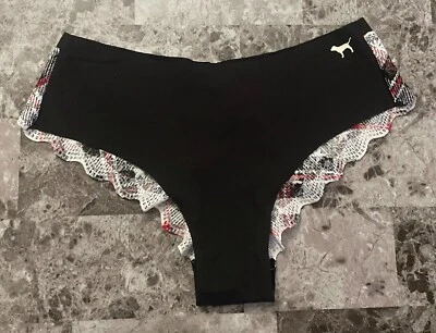 VICTORIA'S SECRET PINK XS BLACK RED PLAID LACE RARE NO SHOW CHEEKSTER PANTIES - Image 1 of 3