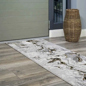 New Gold Marbled Effect Rug Extra Long Hallway Runners Lustrous Sheen Rugs UK - Picture 1 of 18