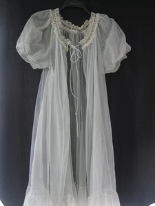 VTG Miss Elaine Peignoir Sheer Robe Seafoam Puff Sleeve Lace Trim Size Large - Picture 1 of 16