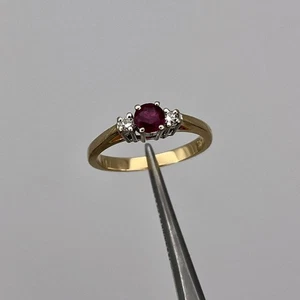 14K Gelbgold runder zusammengesetzter Rubin & Diamant 3 Steine Damenring Größe 6,25 - Bild 1 von 7