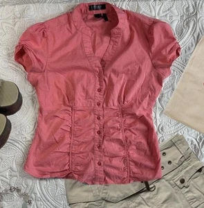 Y2K Pink Ruched Button Up Collar Cinching Size L Mandee Cap Sleeve Stretchy - Picture 1 of 7