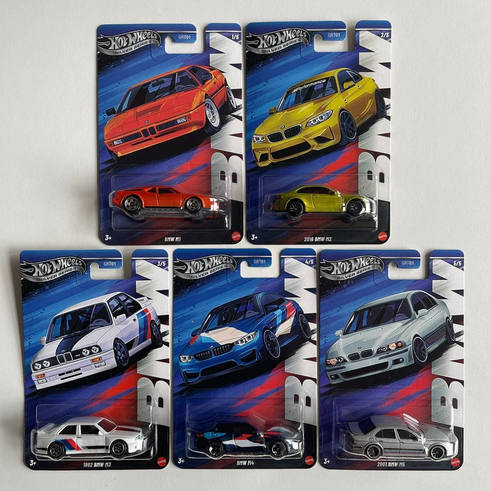 Hot Wheels Silver BMW Celebration Set 5 Cars 1M M2 M3 M4 M5 E30 F87 E30 F82 E39 - Image 1 of 4