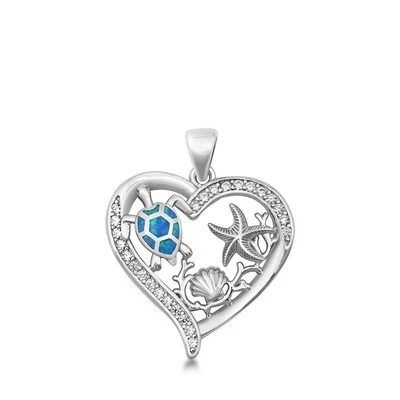 Sterling Silver Fashion Blue Synthetic Opal Turtle Shell Pendant Heart Charm 925 - Image 1 of 2