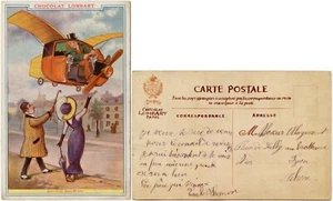 WERBEPOSTKARTE ORIGINAL um 1910 FLUGZEUG FLUGZEUG TAXI SCHOKOLADE LOMBARD - Bild 1 von 3