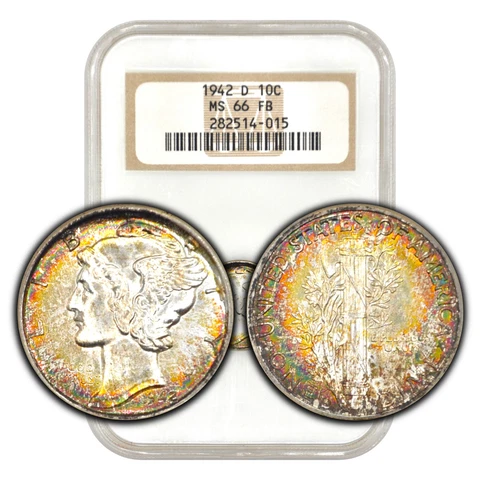 1942-D Mercury Dime Old NGC Fatty Holder MS66FB - Lovely Rainbow Toning Cover