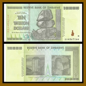 Zimbabwe 10 Trillion Dollars, 2008 AA Circulated Used UV Tested, 100 Series COA - Picture 1 of 3