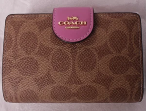 NEW Coach Medium Corner Zip Wallet: Tan Fuchsia Signature Canvas CW786 - Picture 1 of 5