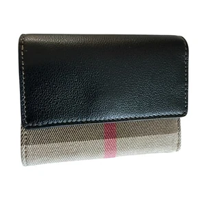 Burberry Lancaster kleine schwarze Geldbörse aus Leder und Stoff mit Dreifachfaltung und Druckknopf - Bild 1 von 14