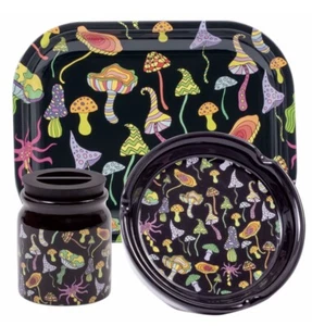 Set regalo Smoking Essentials, 3 pz posacenere/vasoio in ceramica funghi, vassoio in metallo - Foto 1 di 2