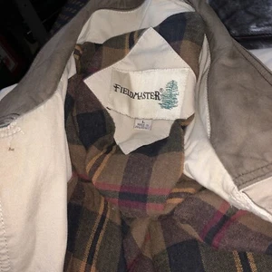 VTG FIELDMASTER Khaki Twill Plaid Flannel Leather Field Barn Jacket Coat Size L - Picture 1 of 4