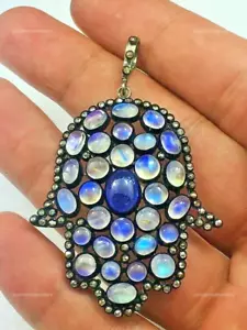 Mondstein Mit Tansanit Hamsa Anhänger,Rose Schnitt Diamant Handgefertigt Silber - Bild 1 von 4