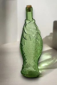 Vintage ANTINORI 70’s Emerald Green Glass Fish Shaped Wine Bottle & Cork 13” - Picture 1 of 6