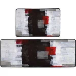 Kitchen Rugs Sets 17"X48"+17"X24" Area Rugs Red and Grey Abstract Art Paintin... - Picture 1 of 5