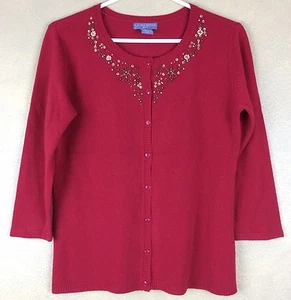 Laura Scott Cardigan Sweater Red Beaded Acrylic Size Petite S 3/4 Sleeve - Picture 1 of 9