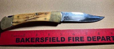 Ka-Bar 1199 USA lockback,stag grips,engraved,VG - Image 1 of 4