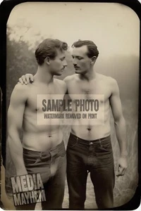 Two Shirtless Men in Jeans Almost Kissing Print 4x6 Gay Interest Photo #127 - Picture 1 of 2
