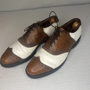 Scarpe da golf vintage Allen Edmonds "Colonial" bianco/marrone pelle di struzzo 8,5 C LEGGI - Foto 1 di 13