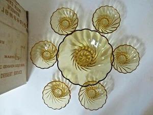Hazel Ware Hazel Atlas Granada Gold Swirl Capri Seashell Dessert Set In Box - Picture 1 of 4