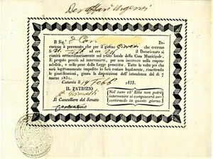 DECURIONATO DI CATANIA - ANTICO BIGLIETTO CONVOCAZIONE RIUNIONE DEL 19/02/1833 - Foto 1 di 2