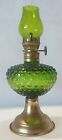 Miniature Hobnail Green Glass Oil Lamp Gold-tone Base