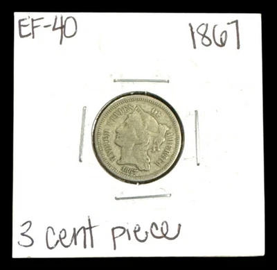 1867 Three 3 Cent Nickel Piece 3C US Antique Type Coin - Image 1 of 2