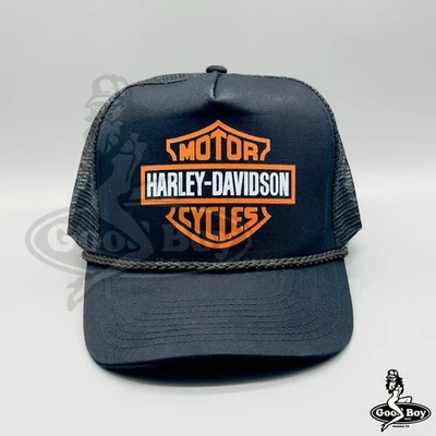 Harley Davidson Hat Vintage Retro Black Trucker Rope Snapback Cap - Image 1 of 4