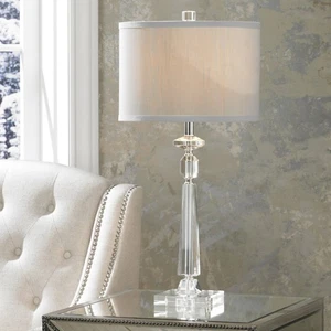 Traditional Table Lamp with USB Port Crystal Column Gray Drum Shade Living Room - Picture 1 of 10
