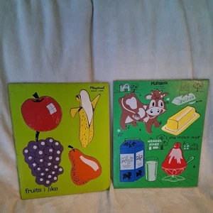 Vintage Wooden Puzzle Lot Playskool 1960s or 1970s - Lot of 2 Dairy Fruit Food - Picture 1 of 4