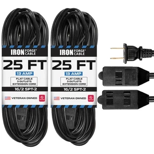 2 Pack 25 ft Black Extension Cord with 3 Outlets - 16/2 SJTW 2 Prong Indoor E... - Picture 1 of 6