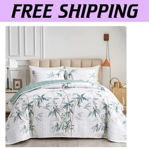 California King Botanical Quilt Set - 3 Piece Green Leaves Bedspread 102" x 114" - Picture 1 of 9
