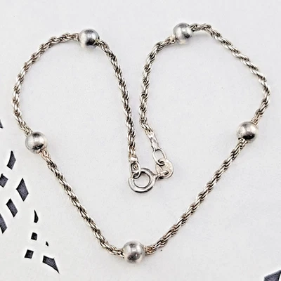 Tarnished Vintage Sterling Silver 925 Italy Rope Chain Ball Accent 9" Bracelet - Image 1 of 4