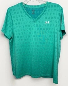Under Armour Women’s XL V-Neck Tee Green Allover Logo Shirt Loose Fit Gym - Picture 1 of 5