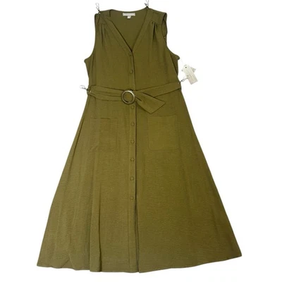 NWT Sharagano Olive Green Sleeveless Button Front Belted Shirtdress Womens Sz 12 - Image 1 of 4