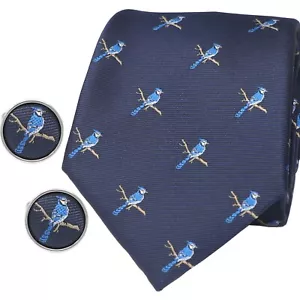 Blue Jay Tie Matching Cufflinks Set Blue Bird Necktie Cufflink Gift - Picture 1 of 6