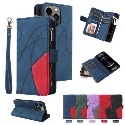 Dual Color Multifunction 9 Card PU Leather Zipper Wallet Case For Various Models - Image 1 of 4