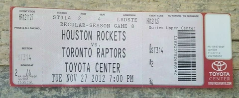 Nov 27, 2012 Houston Rockets vs Toronto Raptors Toyota Center Tickets Cover