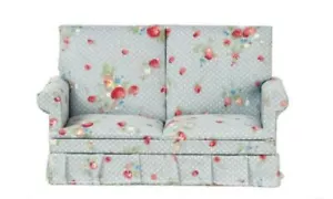 Dolls House Blue Grey Chintz Loveseat 2 Seater Sofa 1:12 Living Room Furniture - Picture 1 of 8