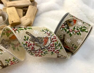 Eleganza ROBIN Merry Christmas winter burlap style- Luxury Wire edge Ribbon 63mm - Picture 1 of 12