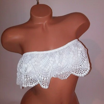 Victoria Secret Bandeau Bra Bralette Cream Red Floral Lace Flounce Wire Free New - Image 1 of 4